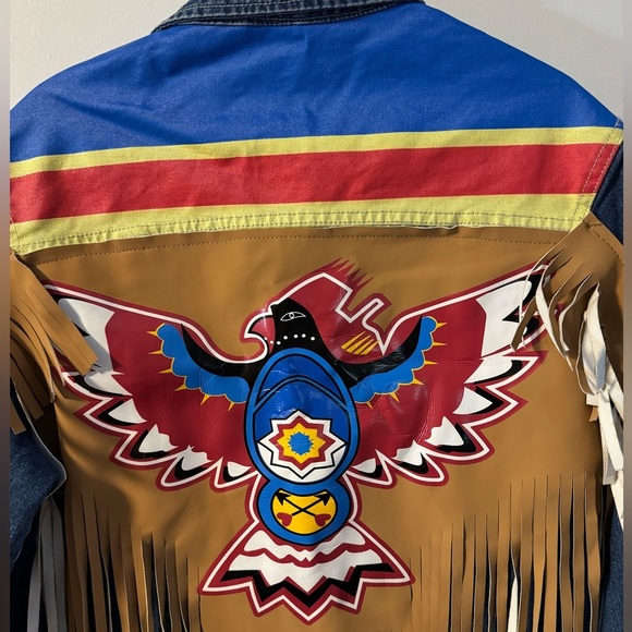 Thunderbird Print Jean Jacket Vegan Leather Fringe Colorful Eagle Western Boho - Picture 10 of 15